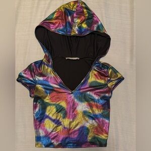 Metallic Rainbow Hooded Croptop Perfect For Festivals or Raves